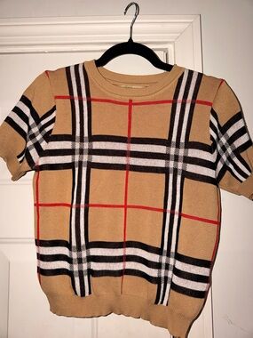 Burberry Classic Plaid Short-Sleeve Knit Top - Camel
